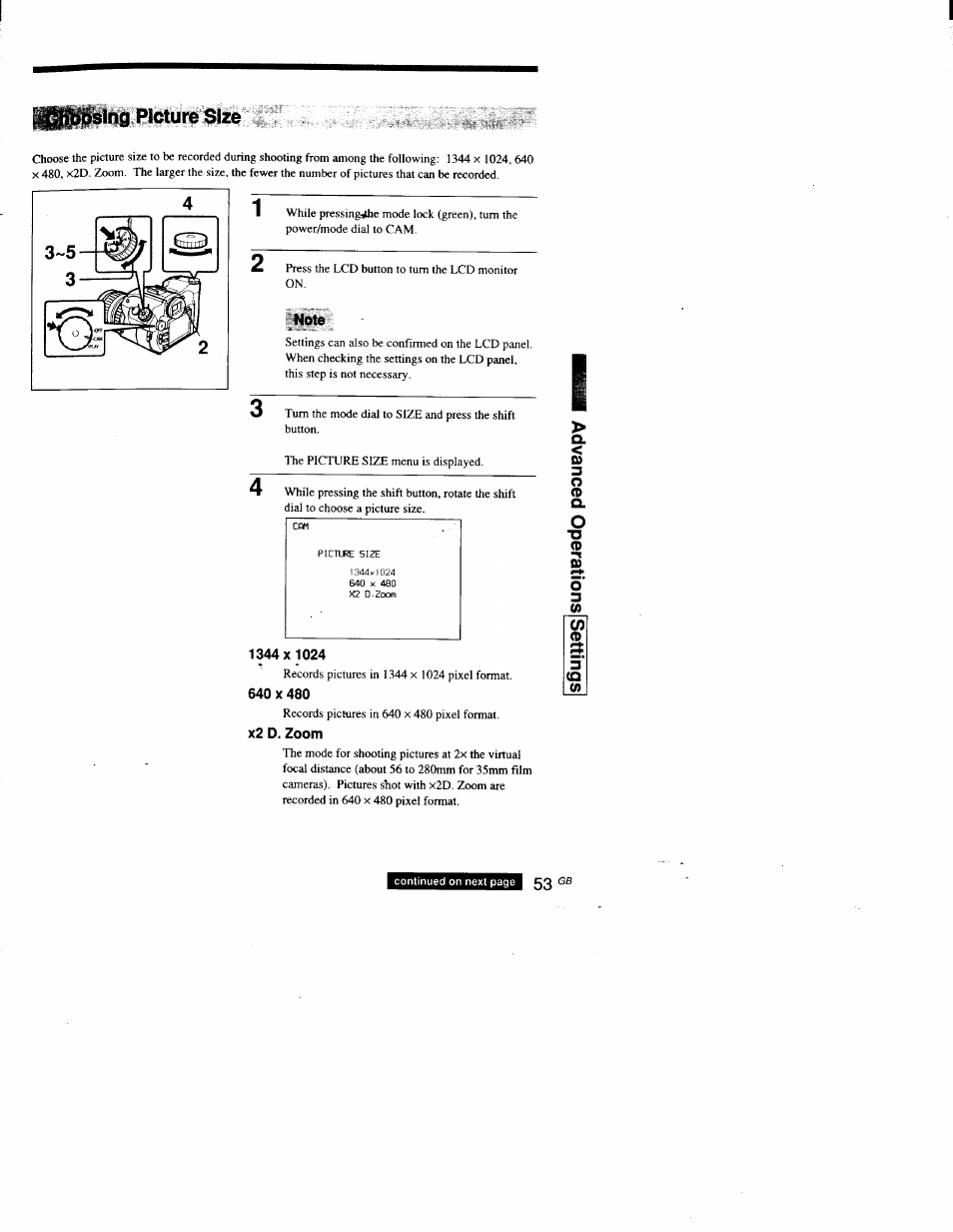 Yulsing picture size, Note, 1344x1024 | X2 d. zoom, Continued on next page 53 | Sony DSC-D700 User Manual | Page 53 / 118