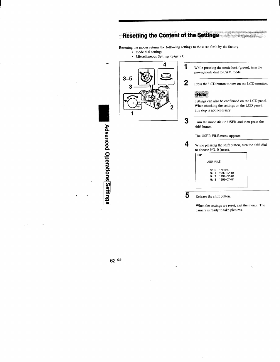 Resetting th0 content of the settings, Resetting the content of the settings | Sony DSC-D700 User Manual | Page 62 / 118