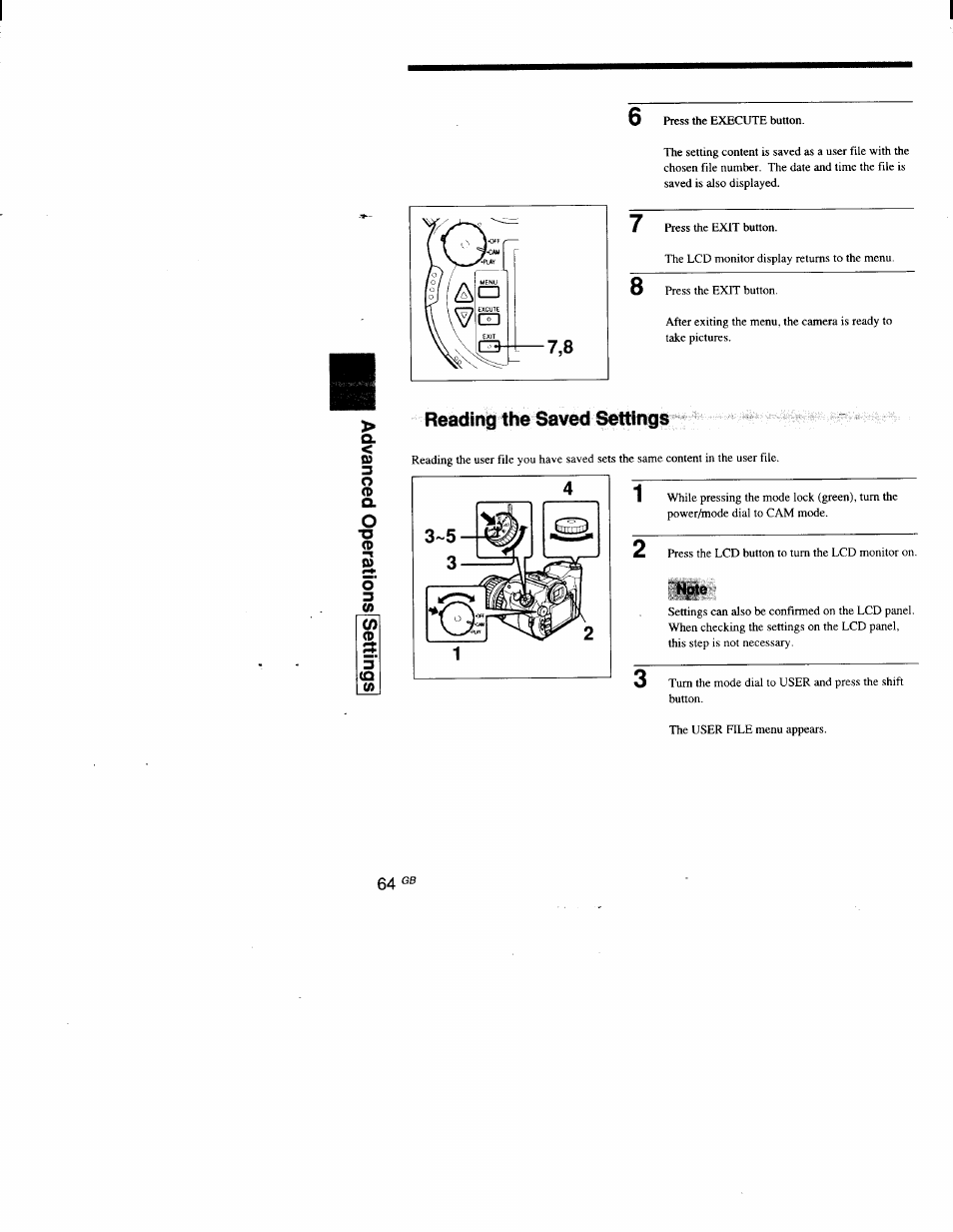 Note, Reading the saved settings | Sony DSC-D700 User Manual | Page 64 / 118