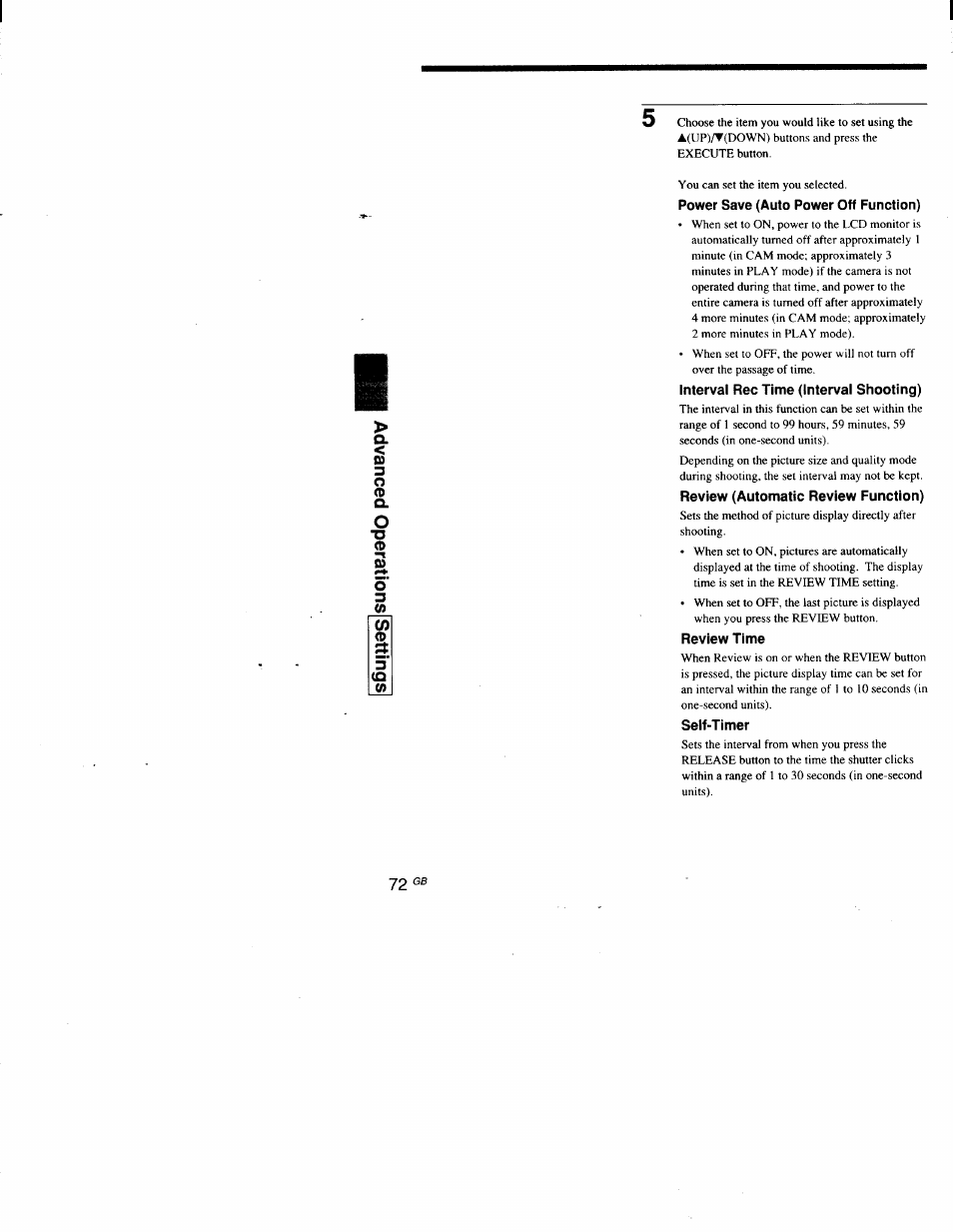Power save (auto power off function), Interval rec time (interval shooting), Review (automatic review function) | Review time, Self-timer | Sony DSC-D700 User Manual | Page 72 / 118