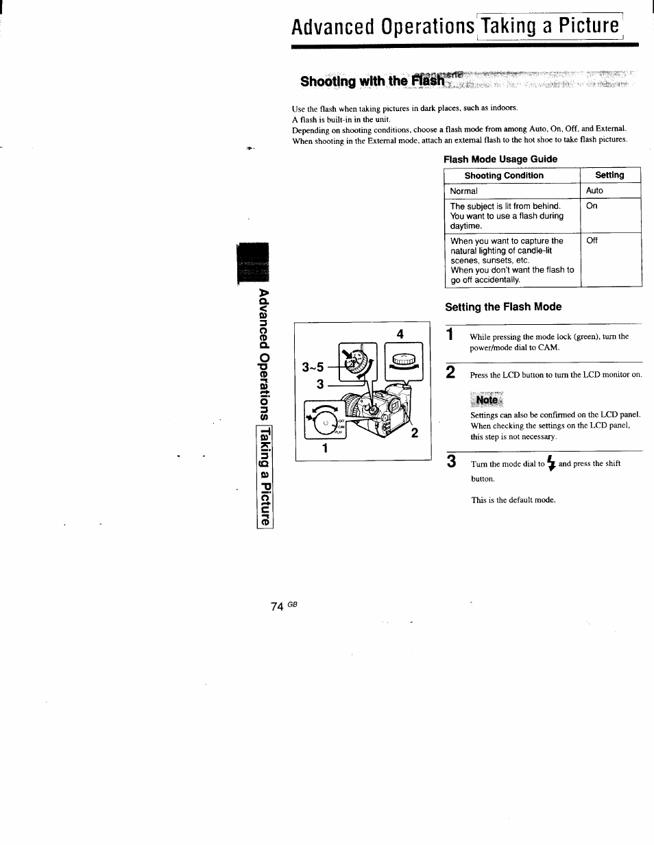 Advanced operations taking a picture, Flash mode usage guide, Setting the flash mode | Note, O' c, Shooting with the | Sony DSC-D700 User Manual | Page 74 / 118
