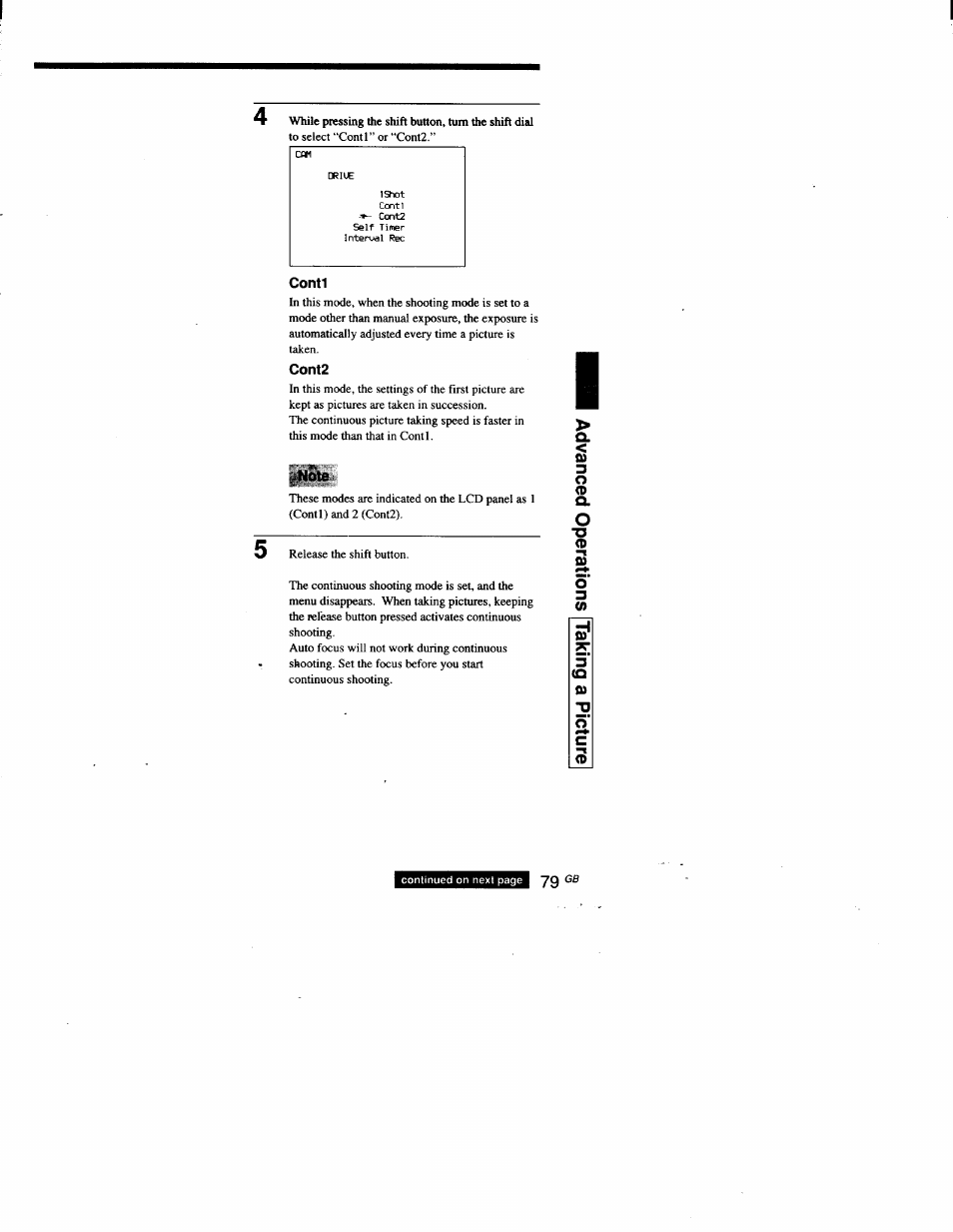 Conti, Cont2, Note | Continued on next page 79 | Sony DSC-D700 User Manual | Page 79 / 118