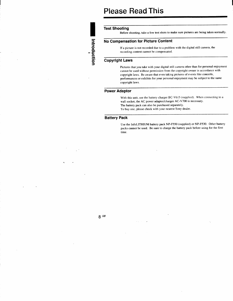 Please read this, Test shooting, 3 no compensation for picture content | Copyright laws, Power adaptor, Battery pack | Sony DSC-D700 User Manual | Page 8 / 118