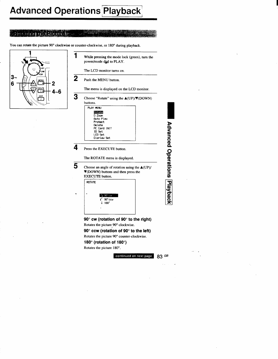 Advanced operations'playback, 90° cw (rotation of 90° to the right), 90° ccw (rotation of 90° to the left) | 180° (rotation of 180°) | Sony DSC-D700 User Manual | Page 83 / 118