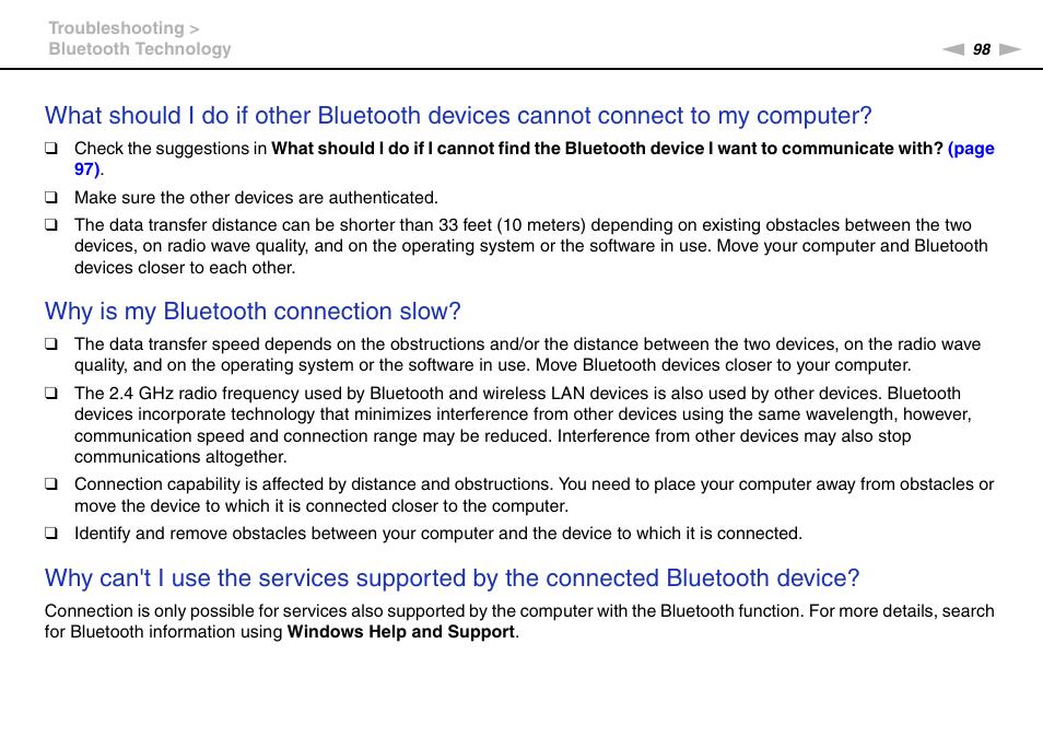 Why is my bluetooth connection slow | Sony VGC-JS320J User Manual | Page 98 / 120