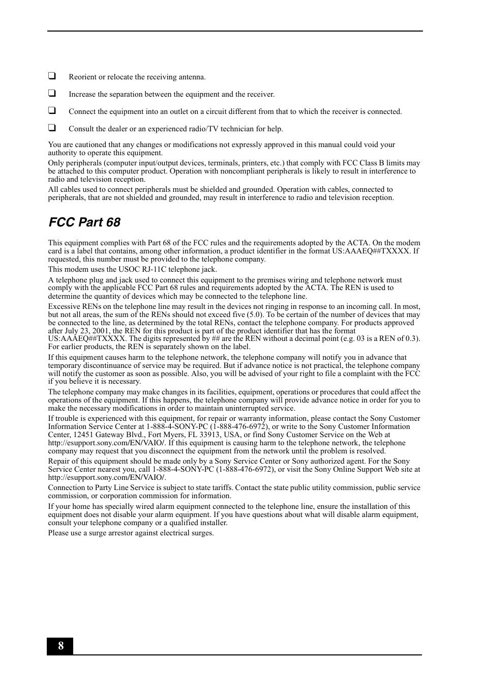 Fcc part 68 | Sony VGC-RC210G User Manual | Page 8 / 12