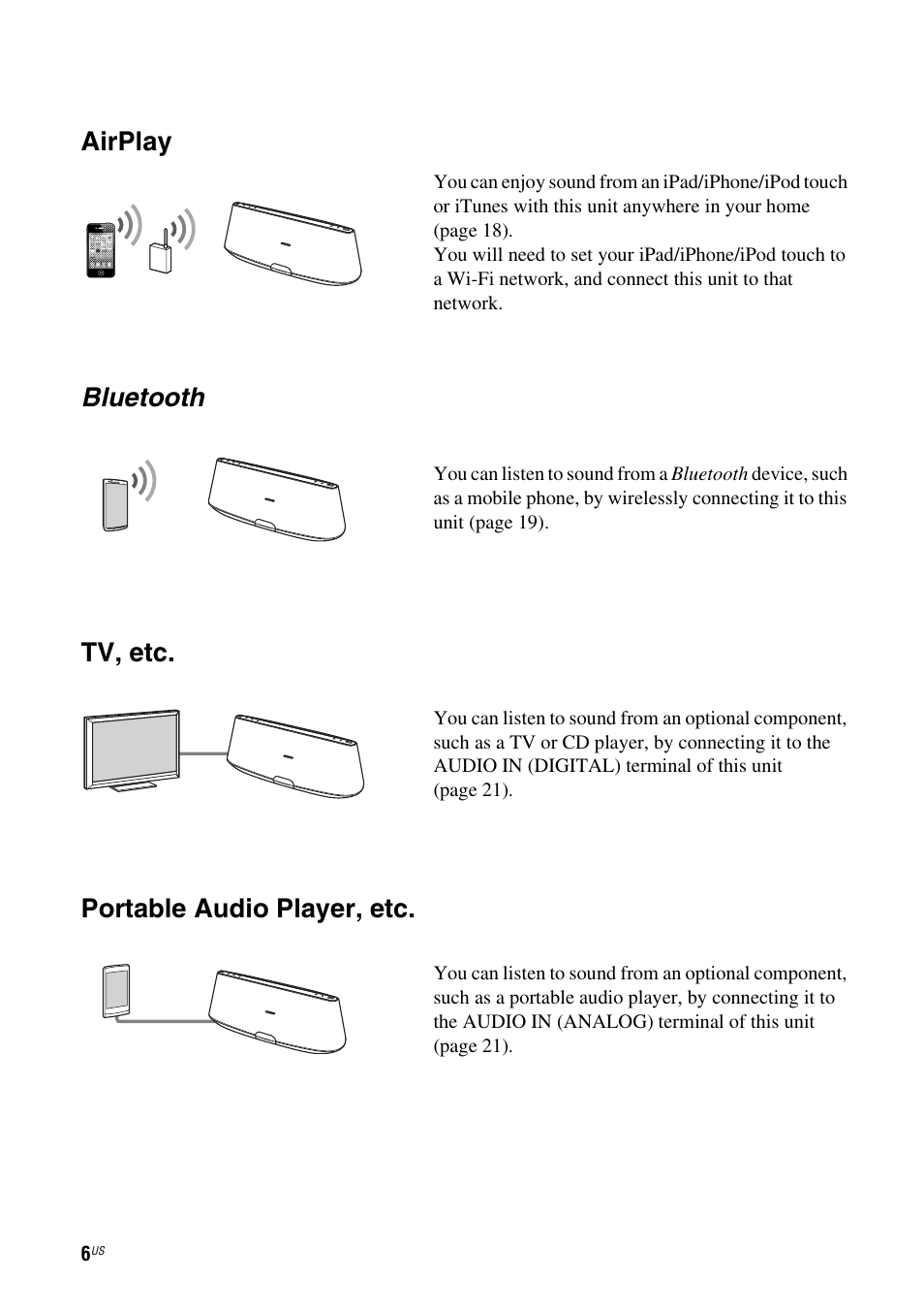 Airplay, Bluetooth, Tv, etc | Portable audio player, etc | Sony RDP-XA900iPN User Manual | Page 10 / 108