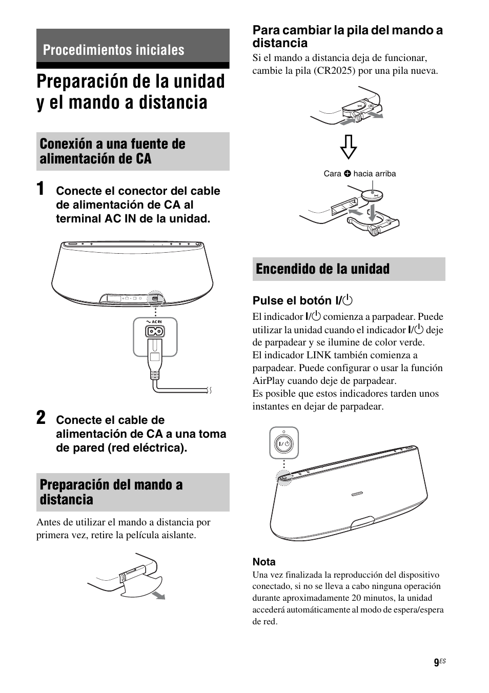 Procedimientos iniciales, Preparación de la unidad y el mando a distancia, Conexión a una fuente de alimentación de ca | Preparación del mando a distancia, Encendido de la unidad, Preparación de la unidad y el mando a, Preparación de la unidad y el mando a distancia 1 | Sony RDP-XA900iPN User Manual | Page 81 / 108