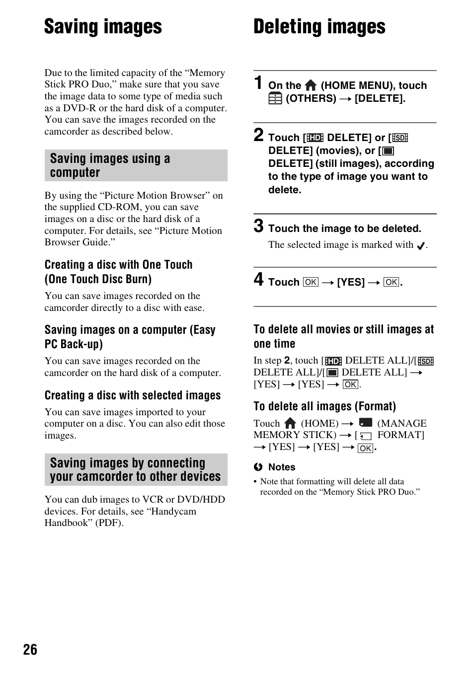 Saving images, Deleting images | Sony HDR-CX7 User Manual | Page 26 / 40