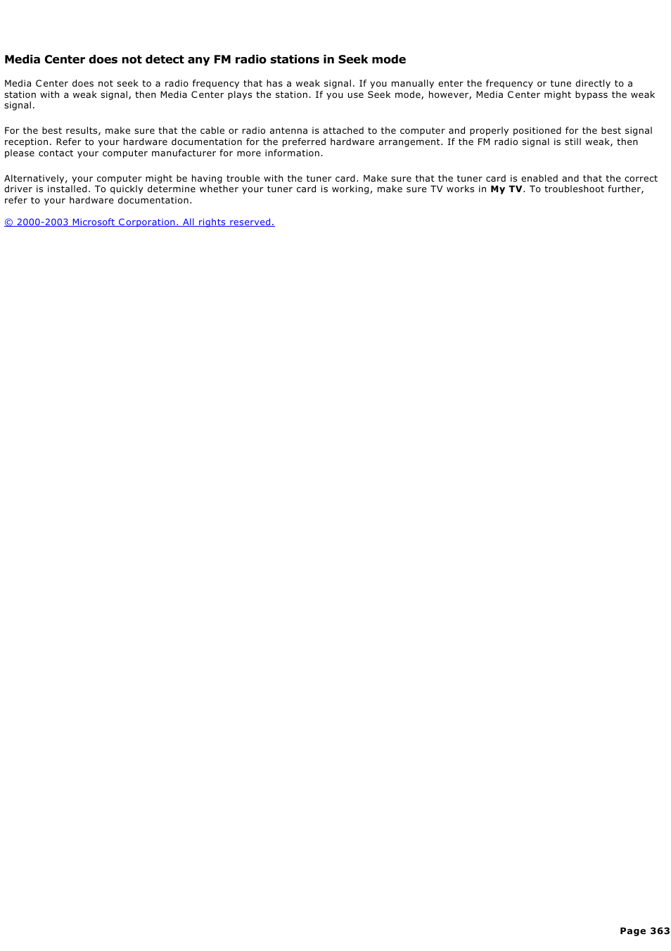 Media c enter, Does not detect any fm radio stations in seek mode | Sony PCV-RZ44G User Manual | Page 363 / 459