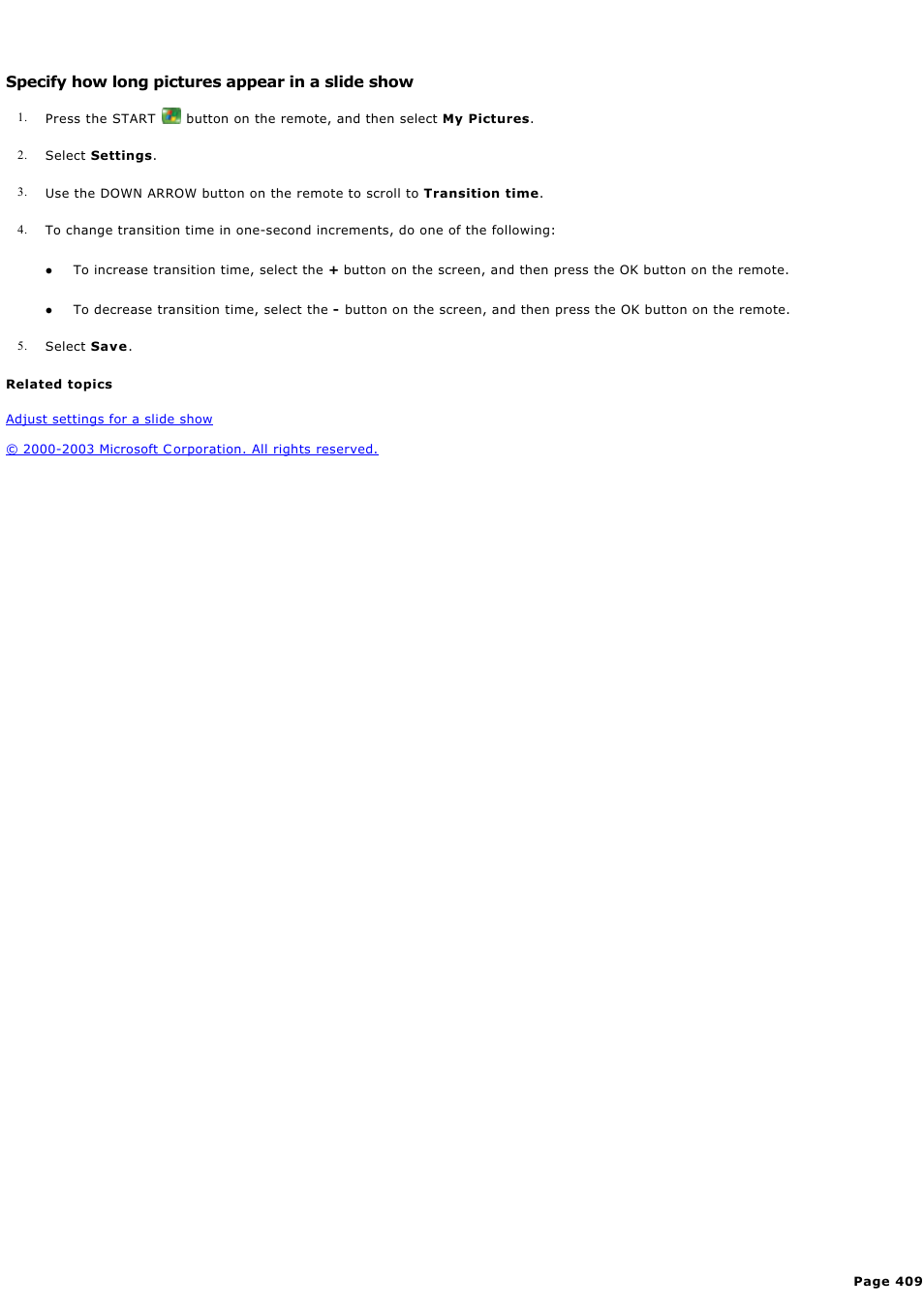 Specify how long pictures appear in a slide show | Sony PCV-RZ44G User Manual | Page 409 / 459