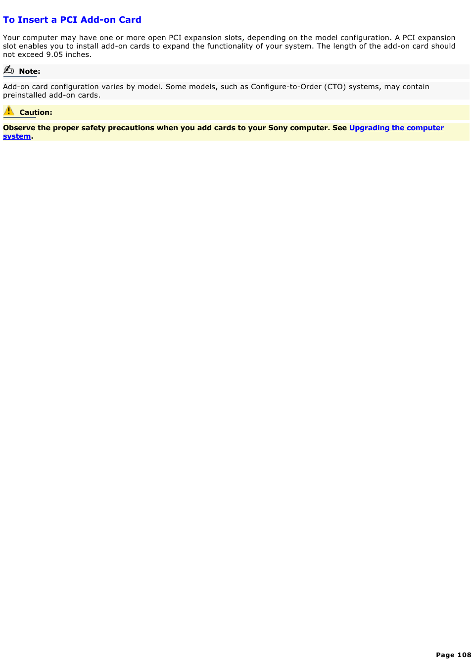To insert a pci add-on card | Sony PCV-RX590G User Manual | Page 108 / 119