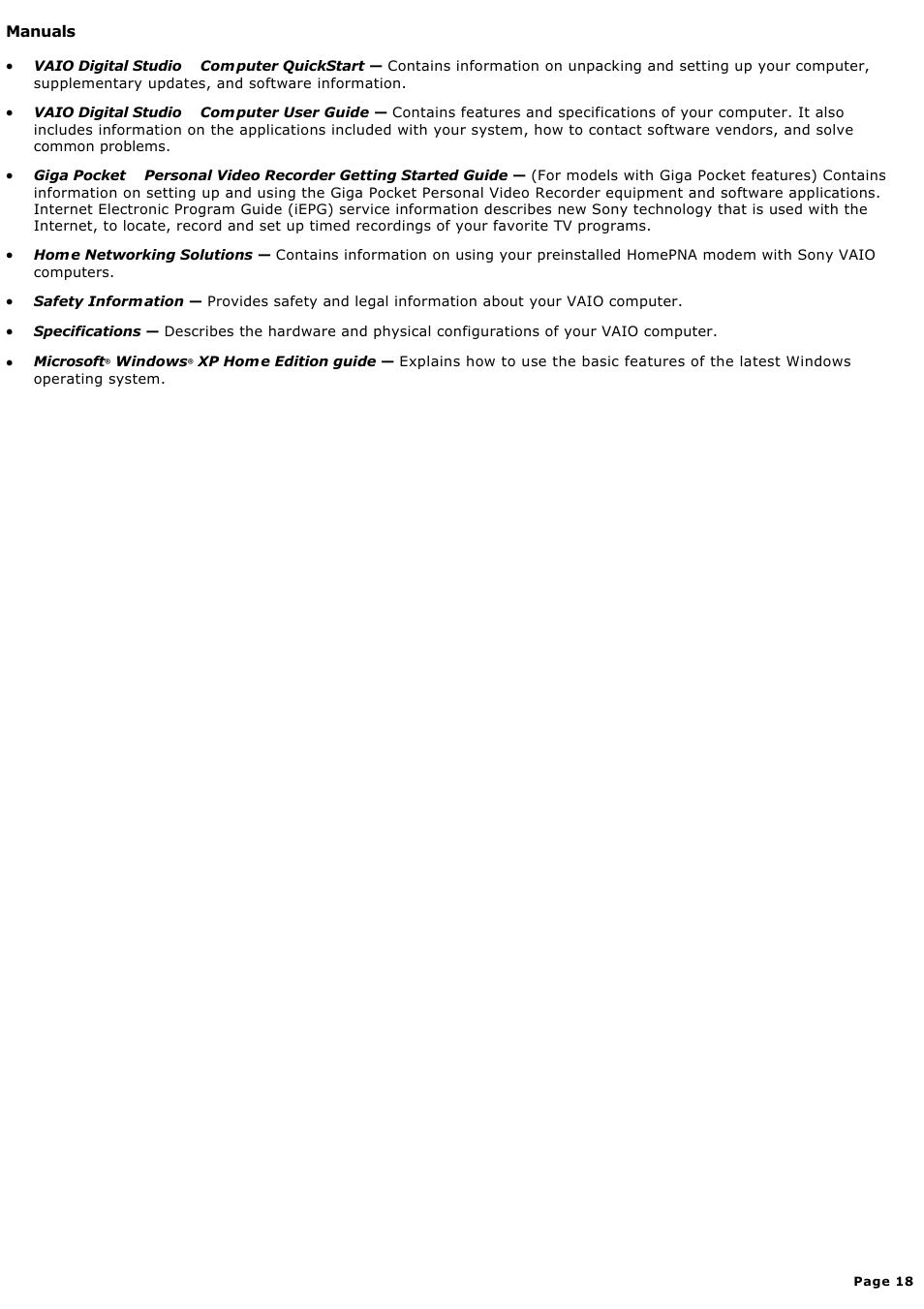 Manuals | Sony PCV-RX590G User Manual | Page 18 / 119