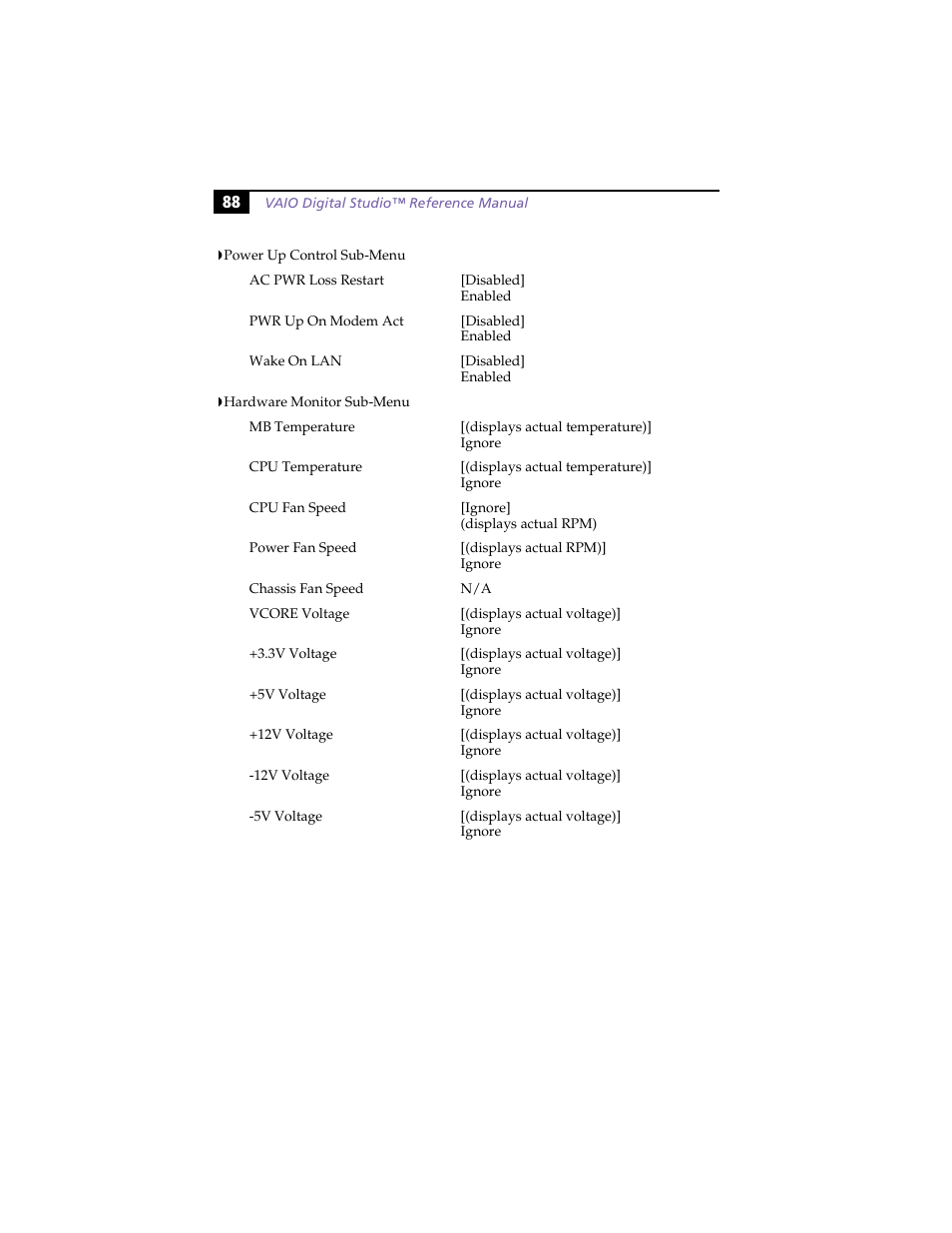 Power up control sub-menu, Hardware monitor sub-menu | Sony PCV-R553DS User Manual | Page 102 / 122