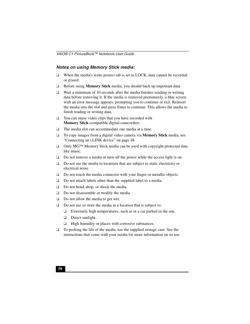 Notes on using memory stick media | Sony PCG-C1VN User Manual | Page 59 / 125