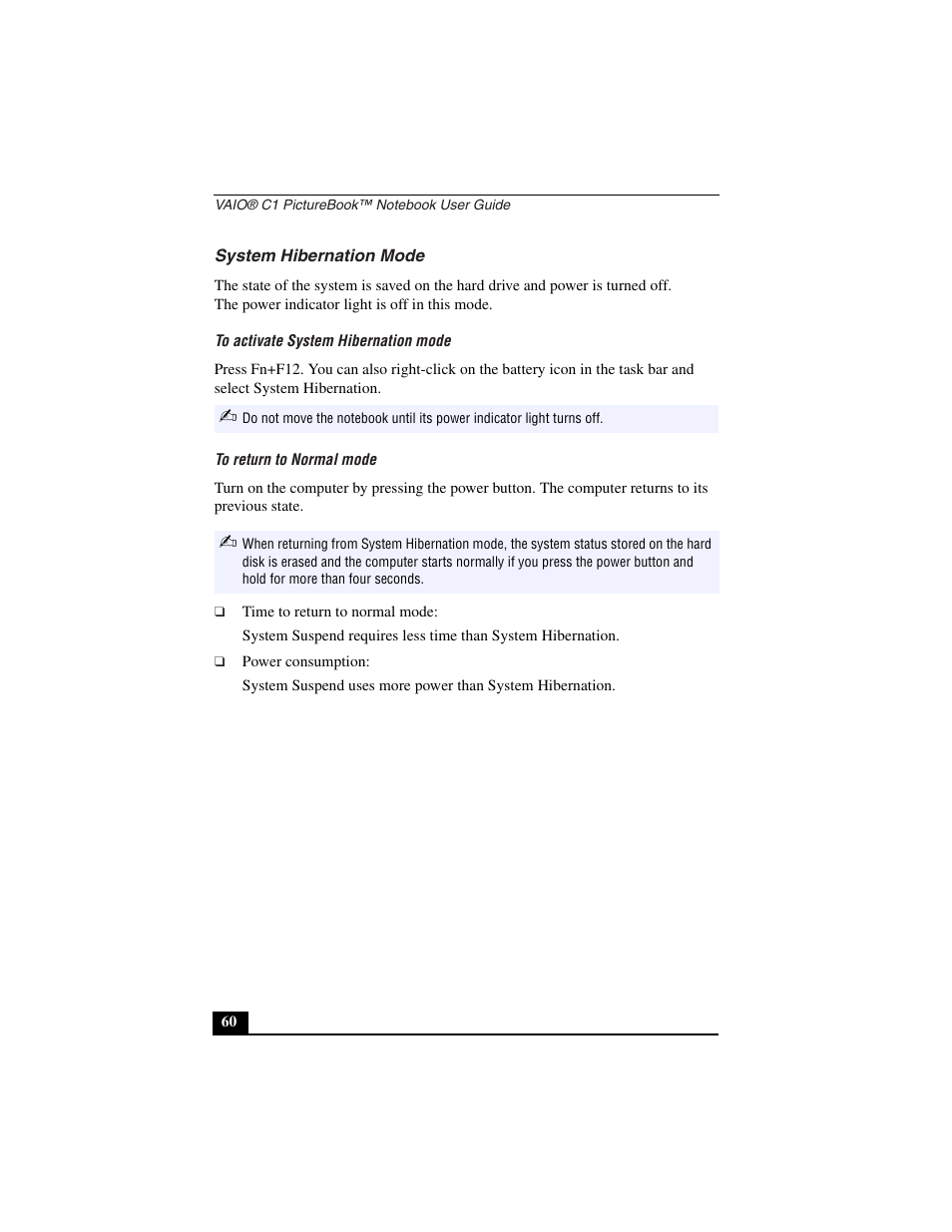 System hibernation mode, To activate system hibernation mode, To return to normal mode | Sony PCG-C1VN User Manual | Page 61 / 125