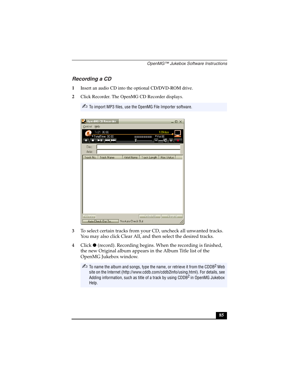 Recording a cd, 2 click recorder. the openmg cd recorder displays | Sony PCG-C1VN User Manual | Page 86 / 125