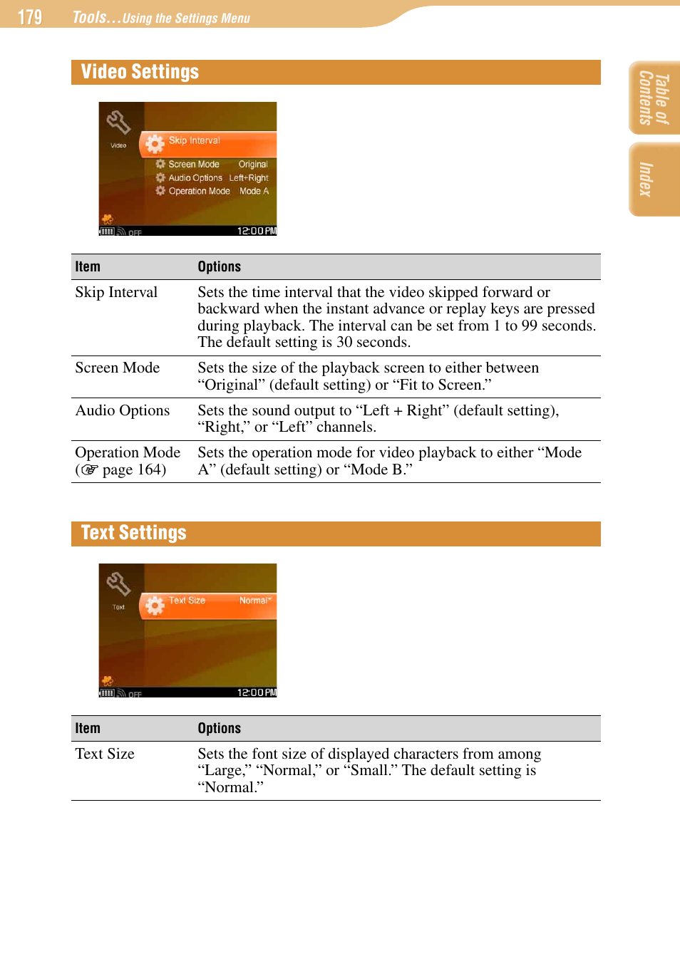 Video settings, Text settings, Video settings text settings | Sony COM-1 User Manual | Page 179 / 252