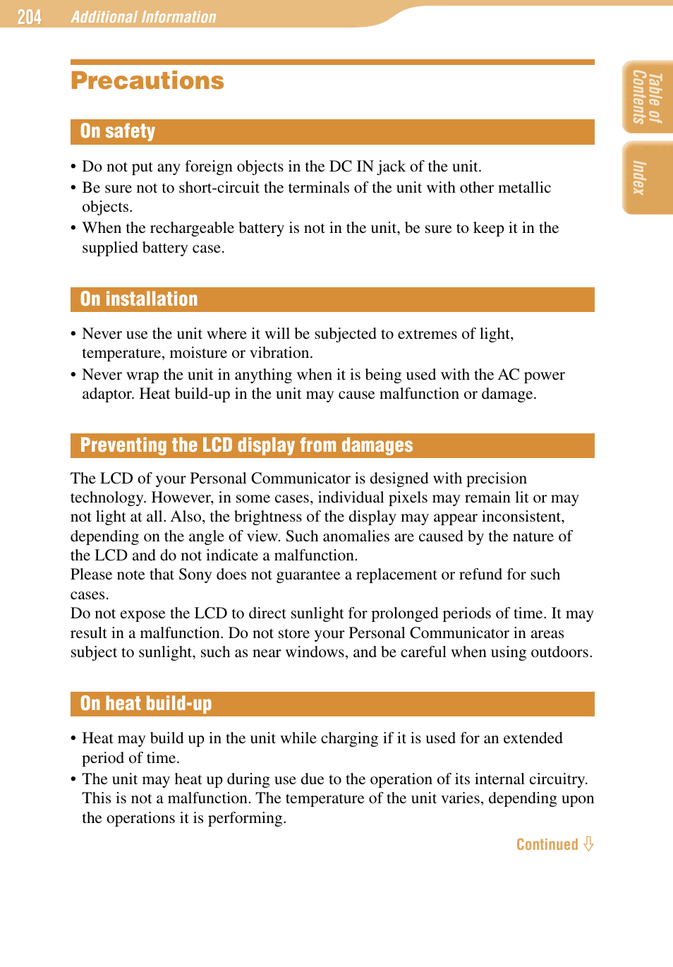 Precautions, On safety, On installation | Preventing the lcd display from damages, On heat build-up | Sony COM-1 User Manual | Page 204 / 252