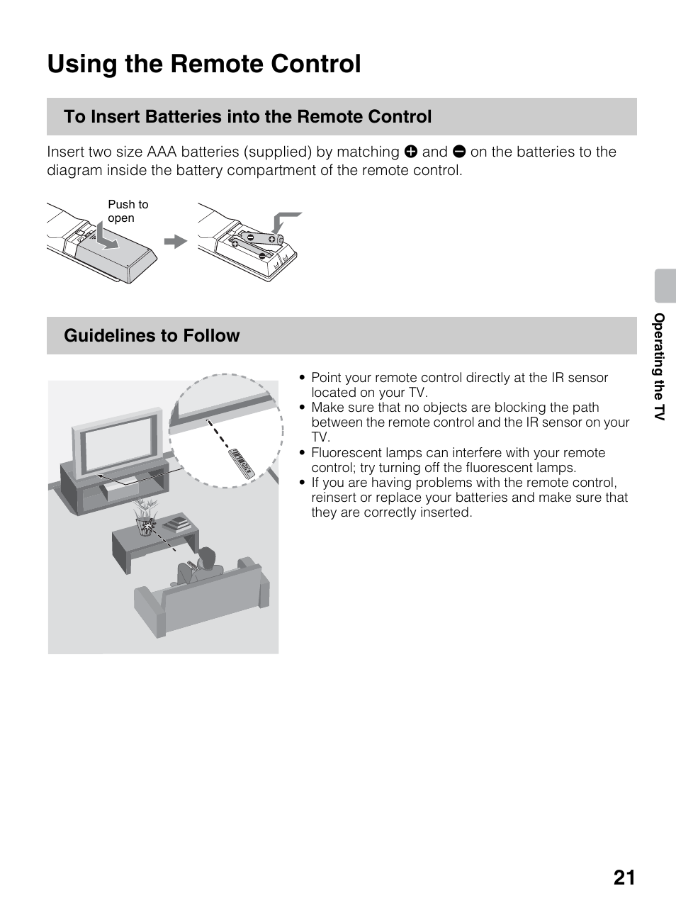 Operating the tv, Using the remote control, Guidelines to follow | Sony KDL-50R450A User Manual | Page 21 / 68