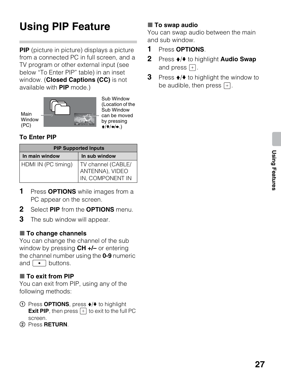 Using pip feature | Sony KDL-50R450A User Manual | Page 27 / 68