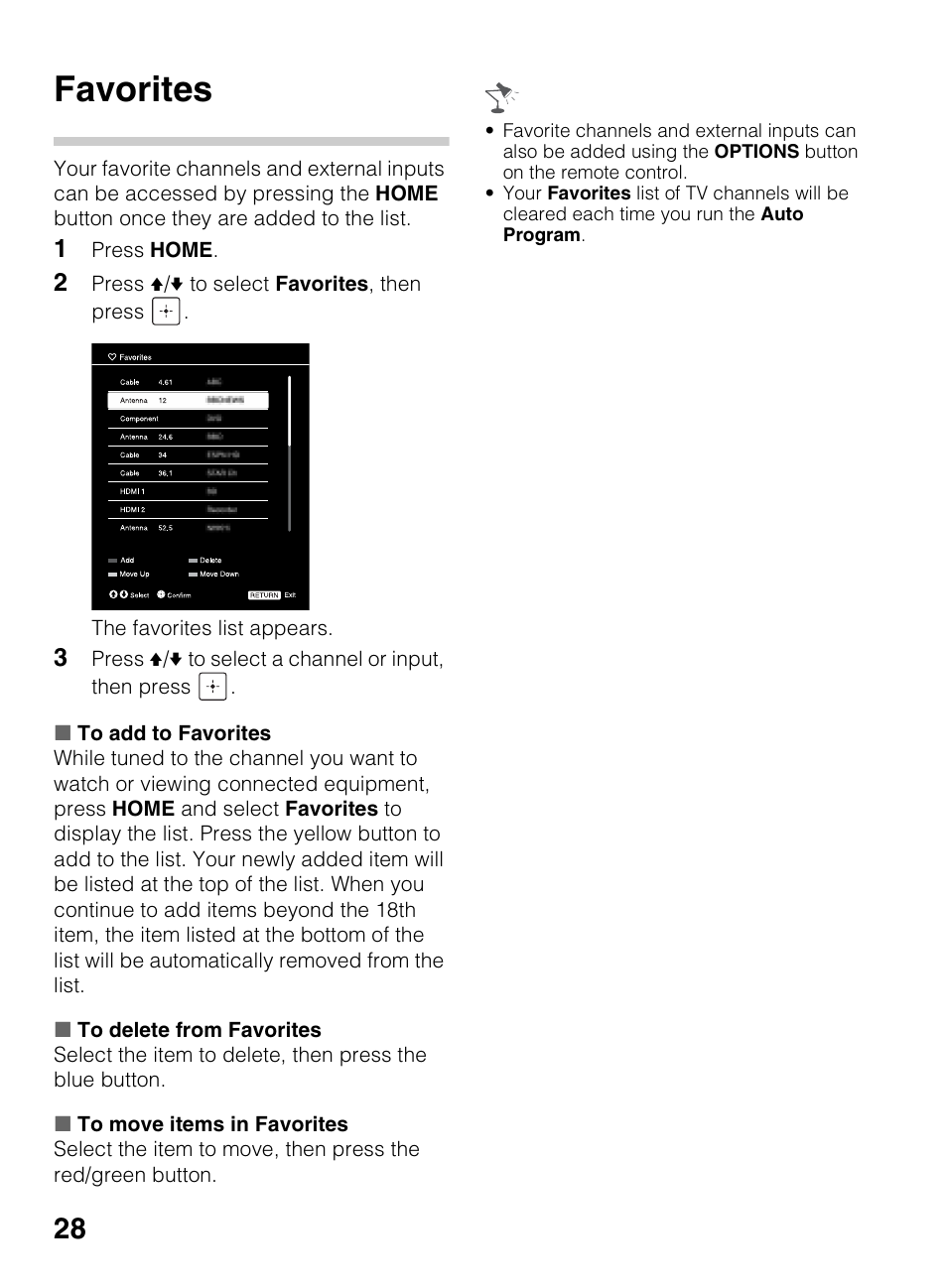 Favorites | Sony KDL-50R450A User Manual | Page 28 / 68