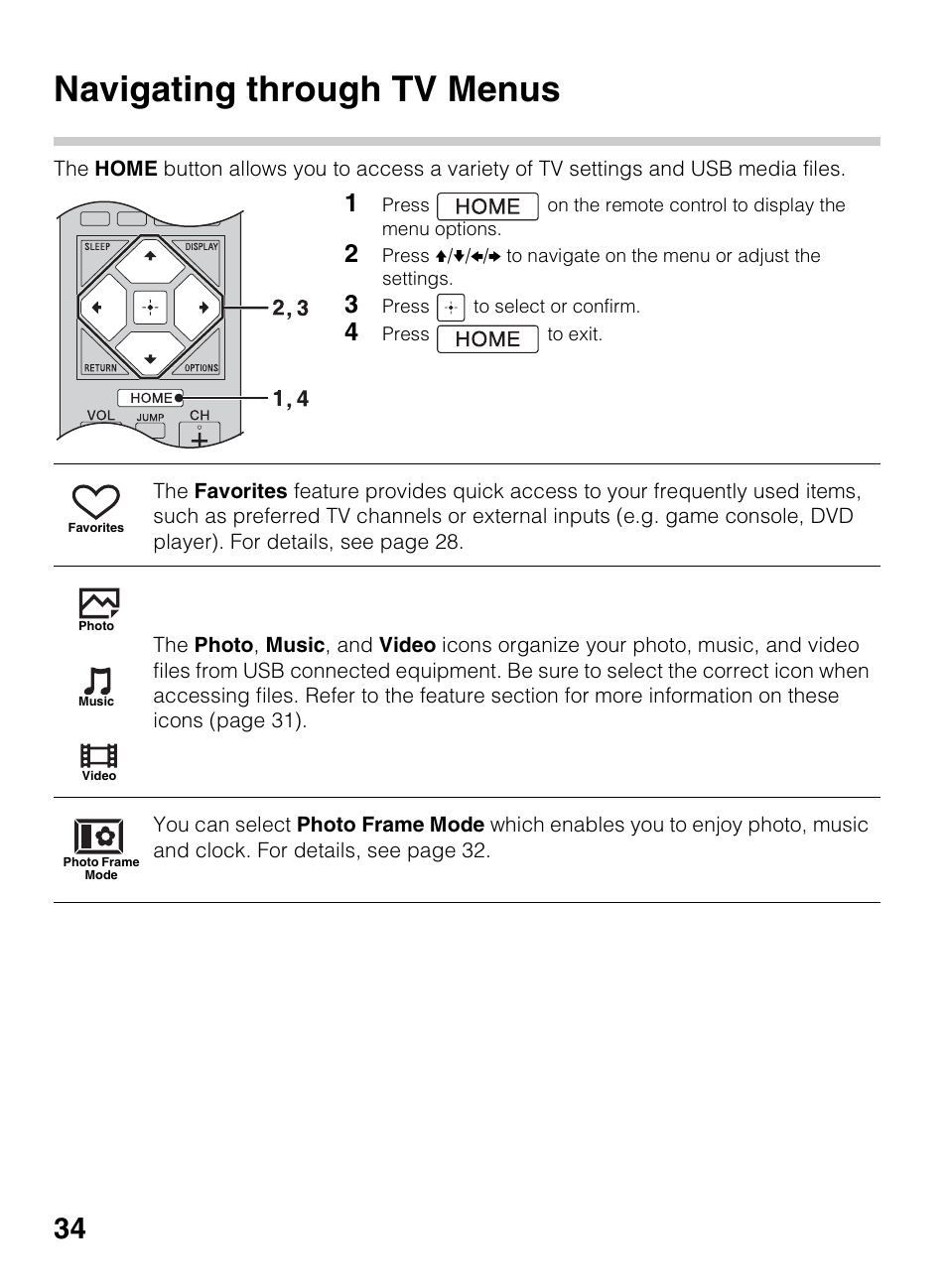 Using the menus, Navigating through tv menus | Sony KDL-50R450A User Manual | Page 34 / 68