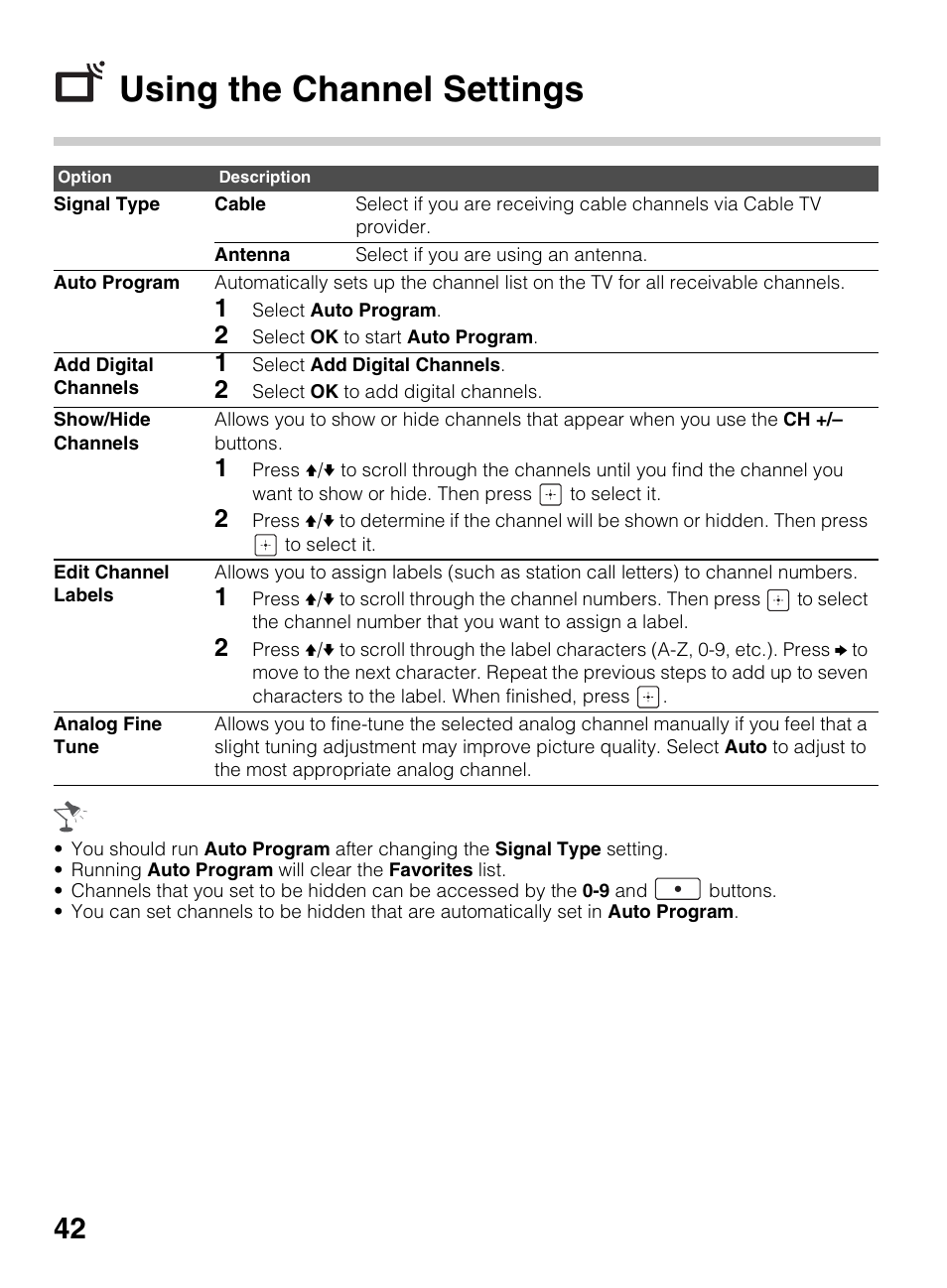 Using the channel settings | Sony KDL-50R450A User Manual | Page 42 / 68