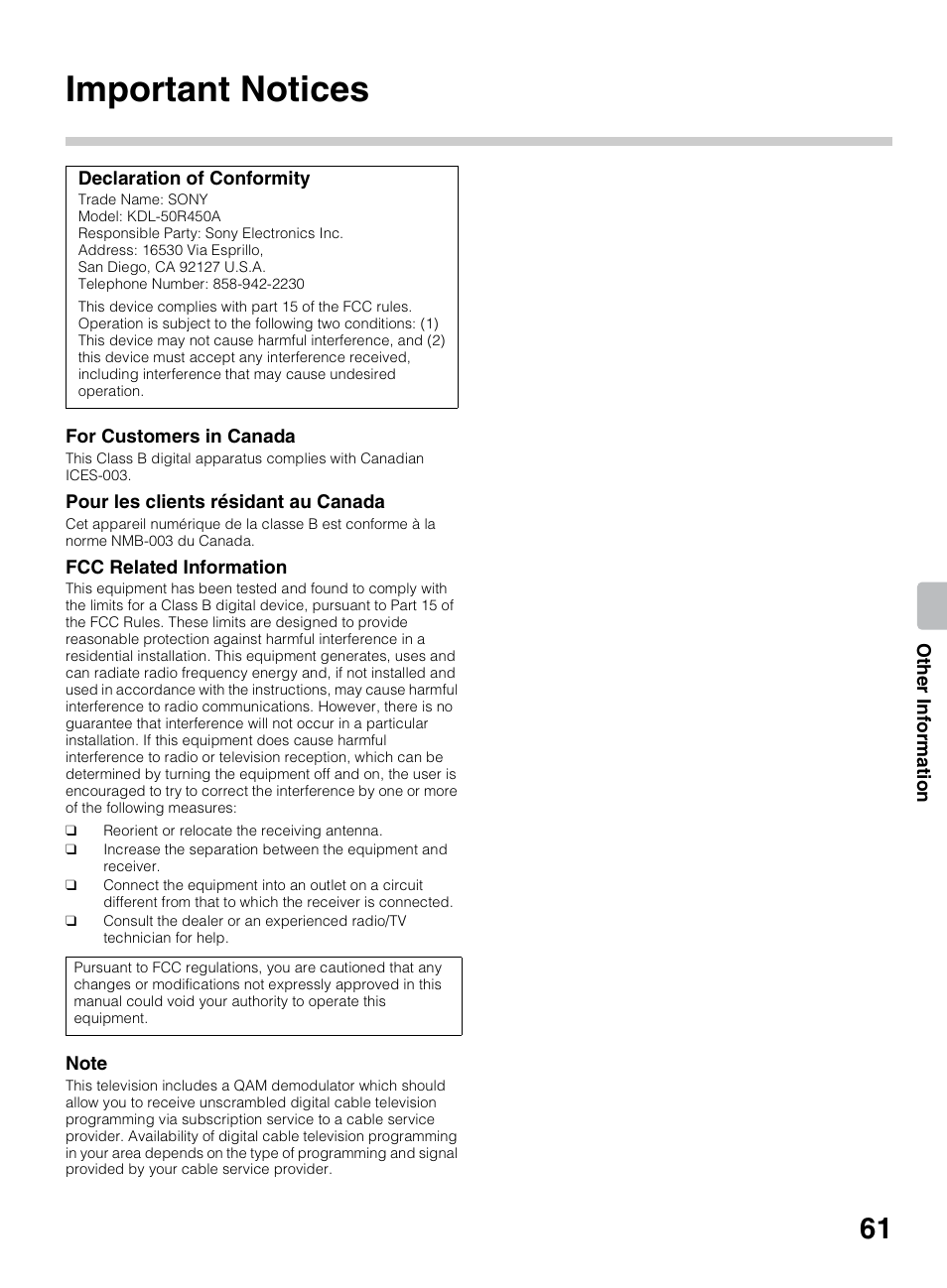 Important notices | Sony KDL-50R450A User Manual | Page 61 / 68