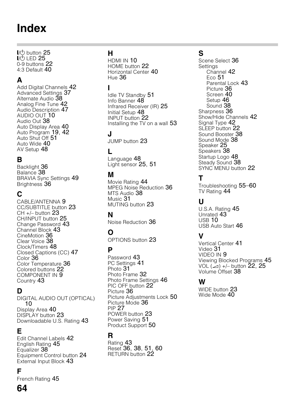 Index | Sony KDL-50R450A User Manual | Page 64 / 68