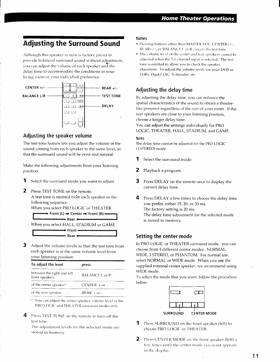 Adjusting the surround sound, Center +/- balance l/r, Rear +/- test tone | Delay, Adjusting the speaker volume, Notes, Adjusting the delay time, Note, Setting the center mode, Surround | Sony SA-VA29 User Manual | Page 11 / 16