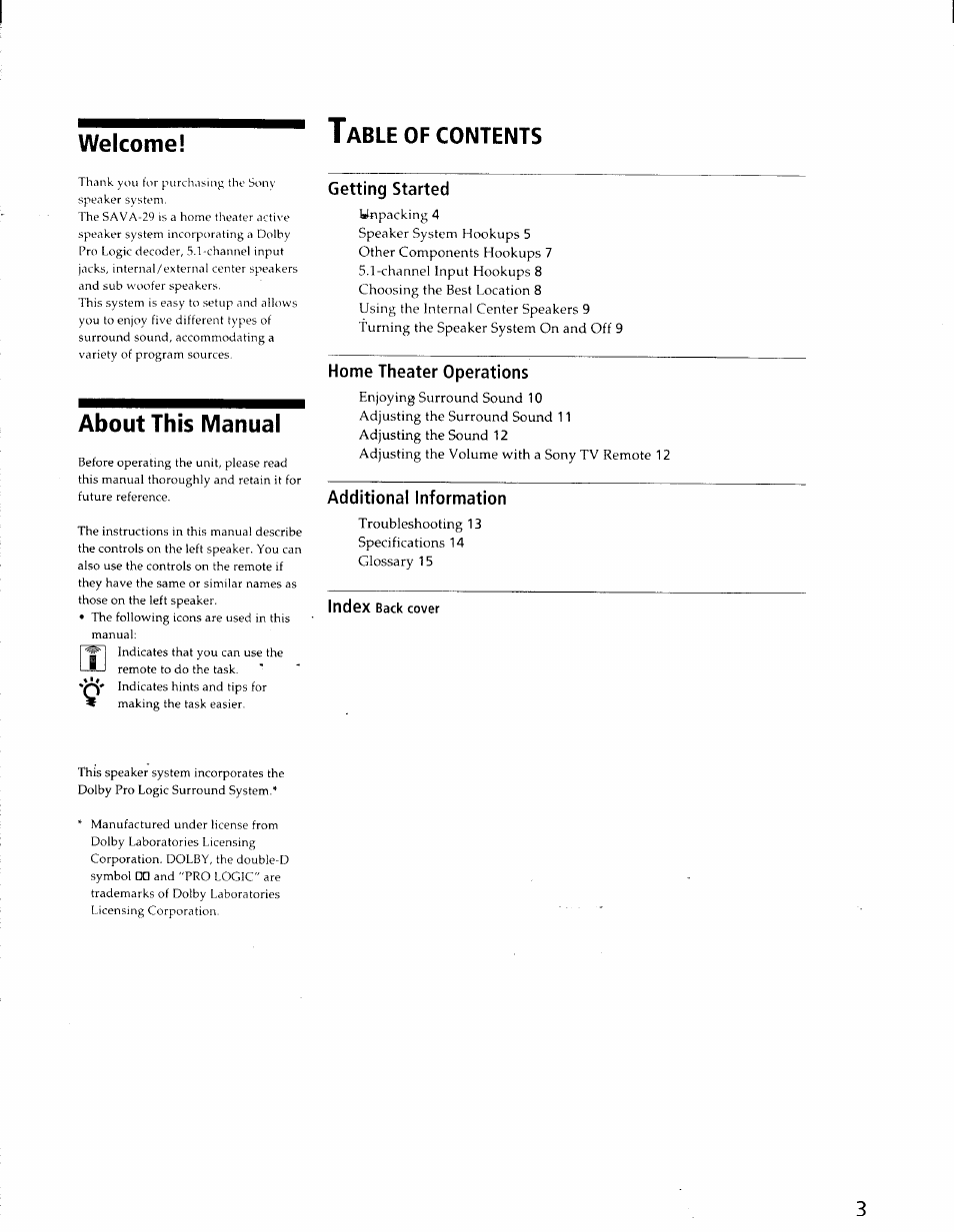 Getting started, Home theater operations, Additional information | Index back cover, About this manual, Welcome! t, Of contents | Sony SA-VA29 User Manual | Page 3 / 16