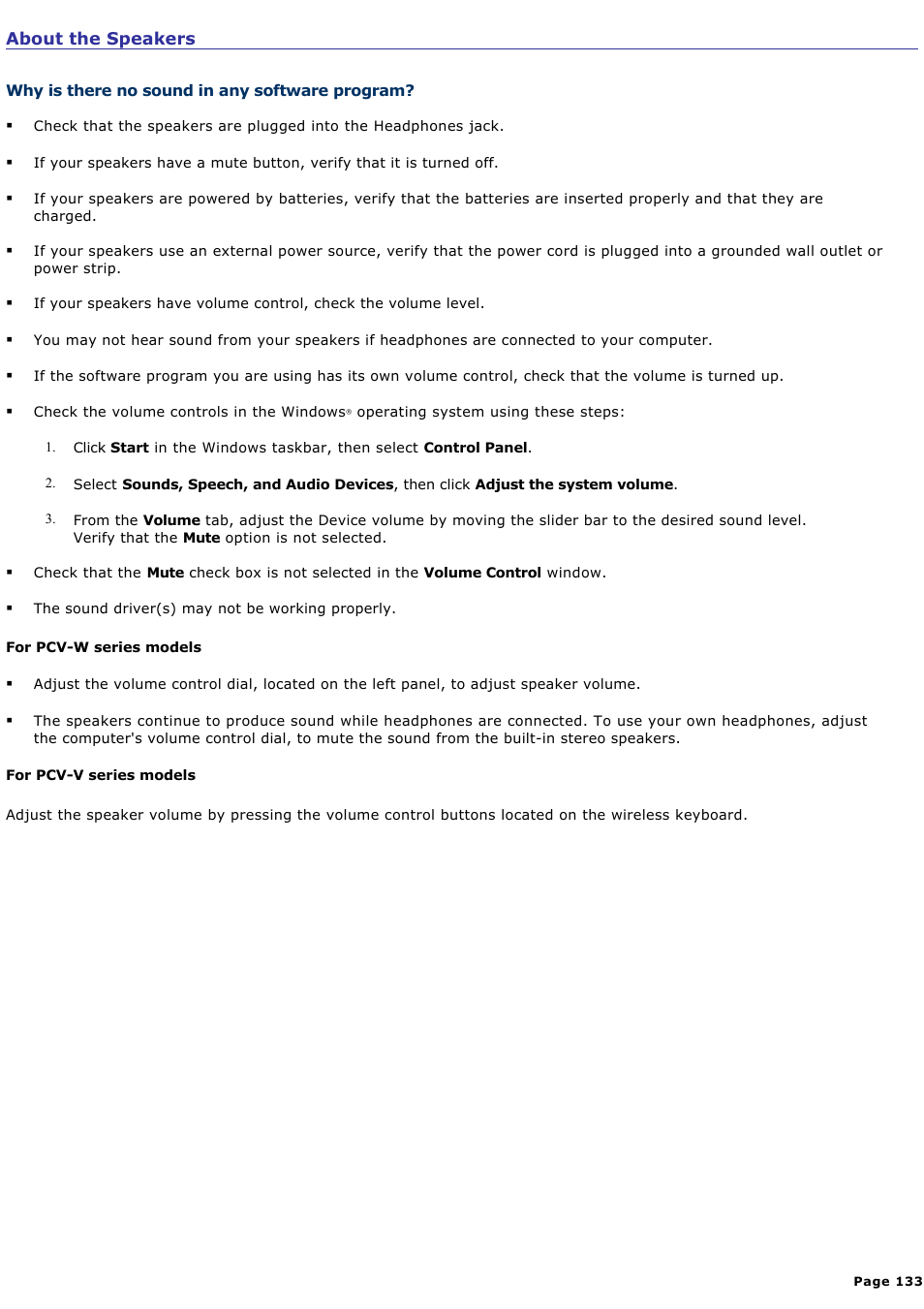 Why is there no sound in any software program | Sony PCV-W700G User Manual | Page 133 / 180