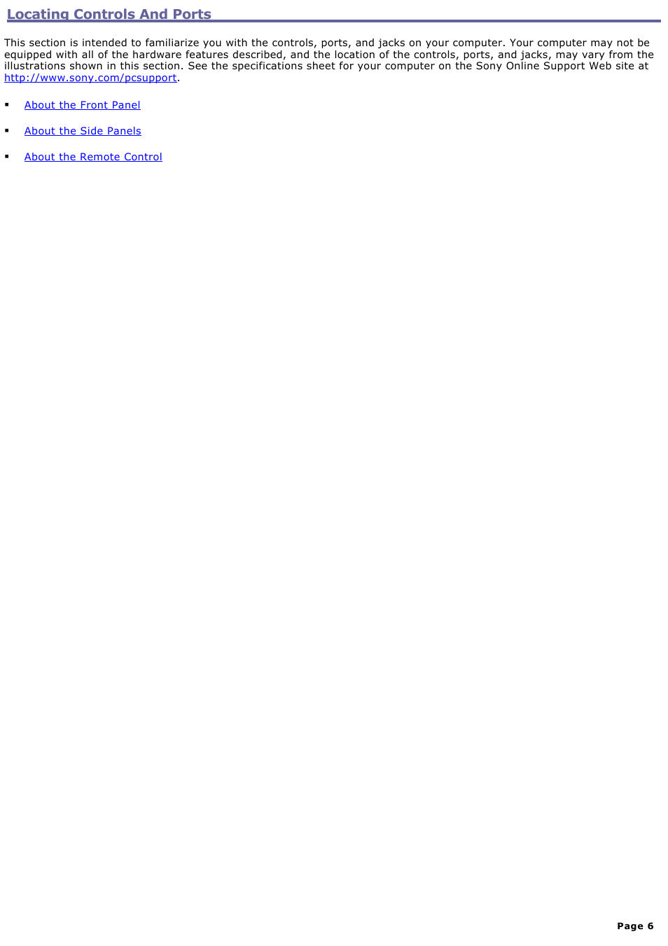 Locating controls and ports | Sony PCV-W700G User Manual | Page 6 / 180
