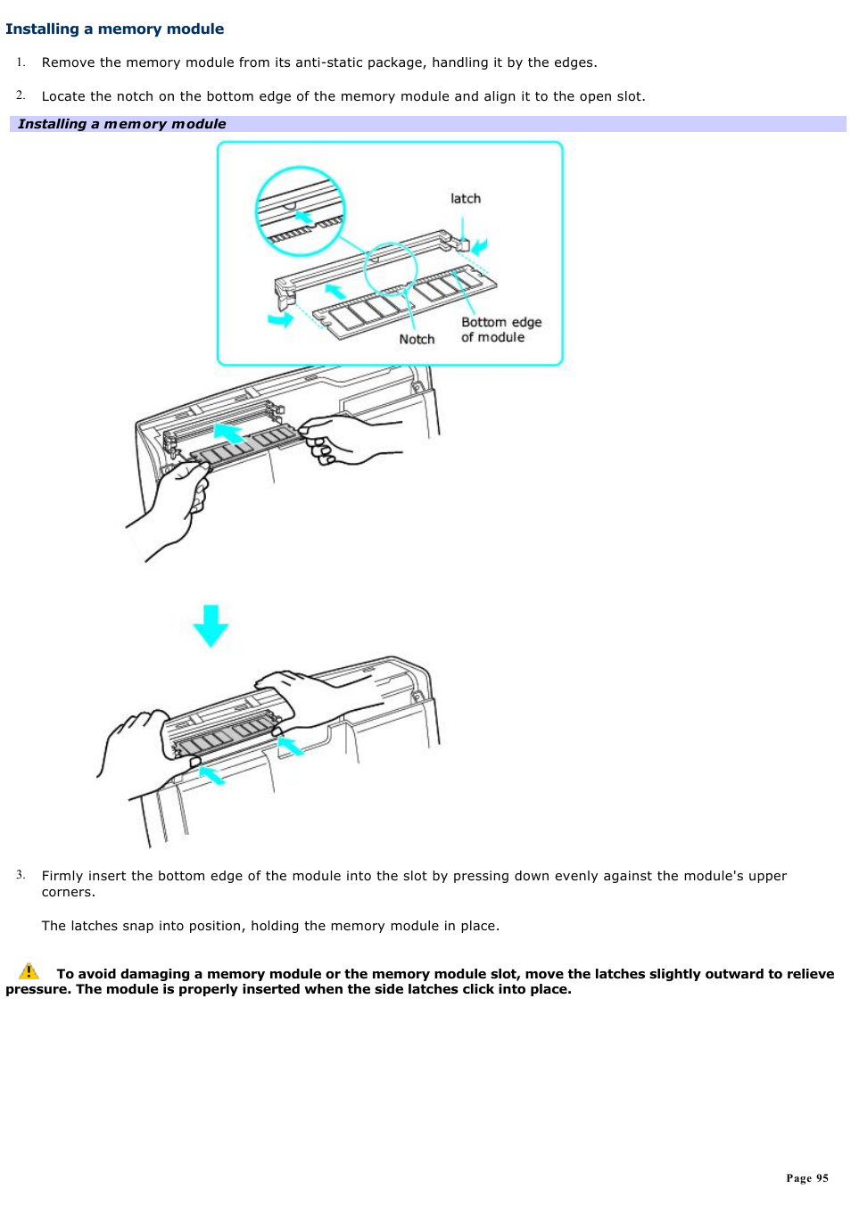 Installing a memory module | Sony PCV-W700G User Manual | Page 95 / 180
