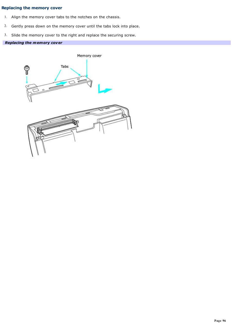 Replacing the memory cover | Sony PCV-W700G User Manual | Page 96 / 180