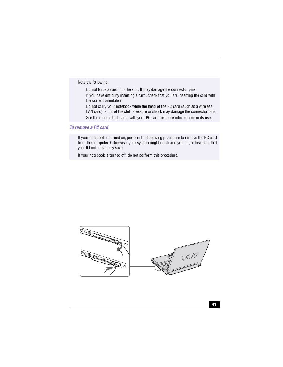To remove a pc card, Removing pc card, 6 gently grasp the card and pull it out | Sony PCG-R505TSK User Manual | Page 41 / 150