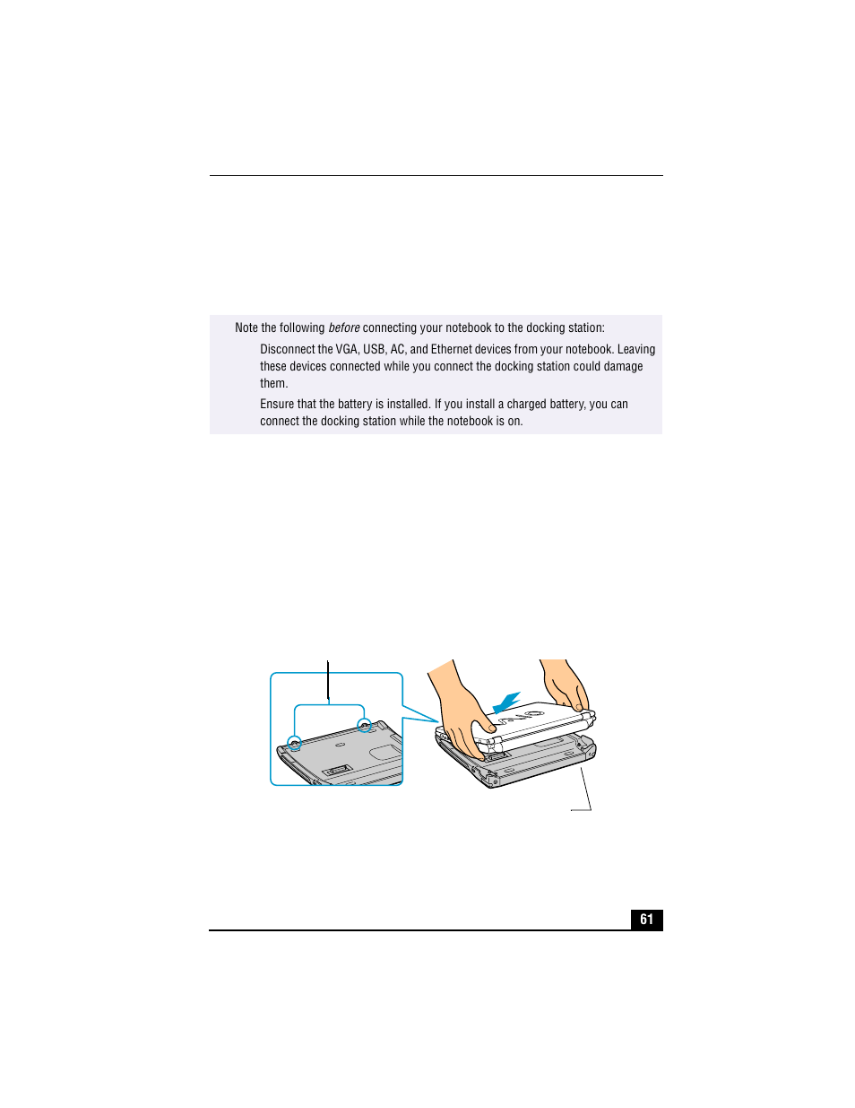 Connecting the notebook to the docking station, Latching the notebook to the docking station | Sony PCG-R505TSK User Manual | Page 61 / 150