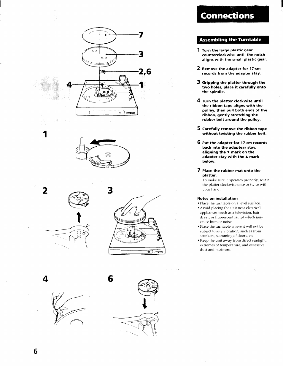 Connections, Assembling the turntable | Sony PS-J10 User Manual | Page 6 / 16