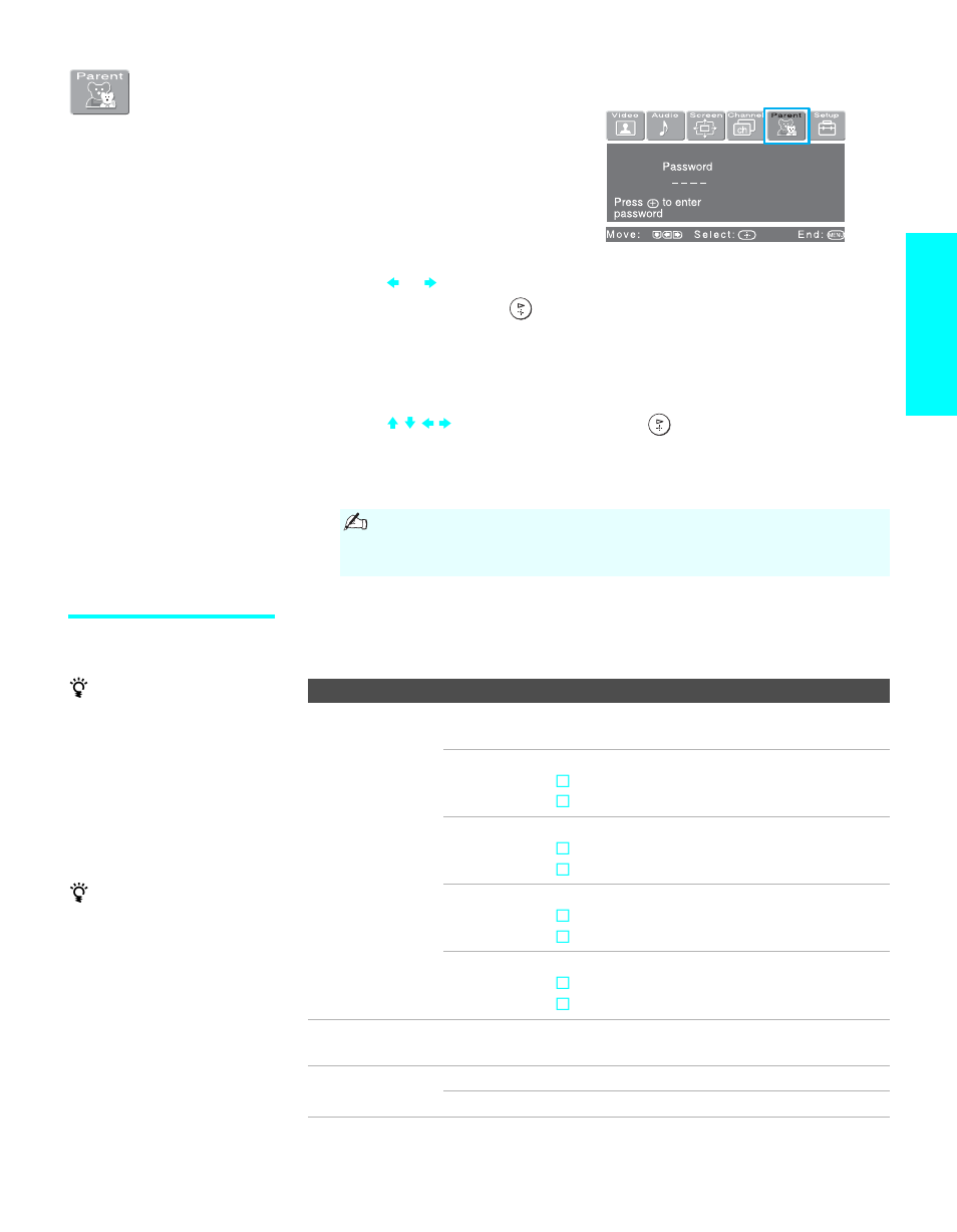 Using the parent menu, Selecting parent options, Menus | Sony KDE-55XBR950 User Manual | Page 111 / 135