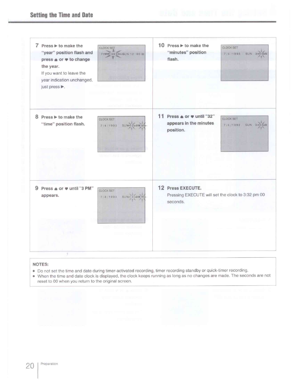 8 press > to make the “time" position flash, 12 press execute, Setting the time and date 7 | Sony SLV-R1000 User Manual | Page 20 / 76