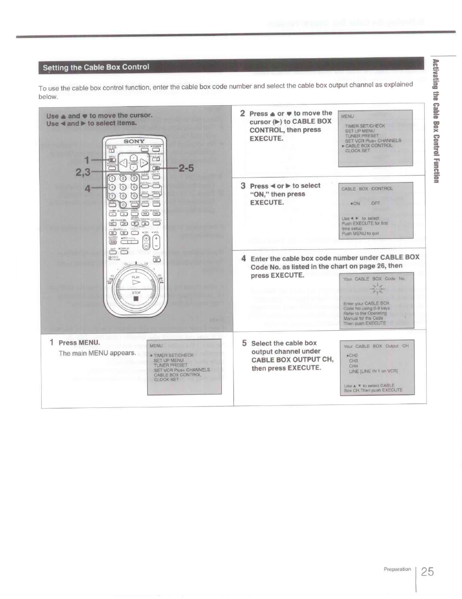 Setting the cable box control, 1 press menu | Sony SLV-R1000 User Manual | Page 25 / 76