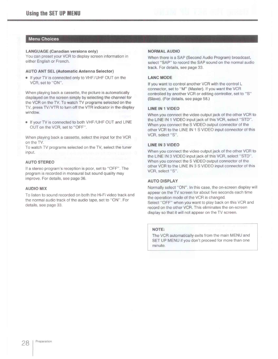 Menu choices, Language (canadian versions only), Auto ant sel (automatic antenna selector) | Auto stereo, Audio mix, Normal audio, Lanc mode, Line in 1 video, Line in 3 video, Auto display | Sony SLV-R1000 User Manual | Page 28 / 76