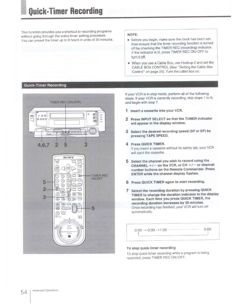 Note, 1 insert a cassette into your vcr, 4 press quick timer | 6 press quick timer again to start recording, To stop quick-timer recording, Quick'timer recording, Quick-timer recording | Sony SLV-R1000 User Manual | Page 54 / 76