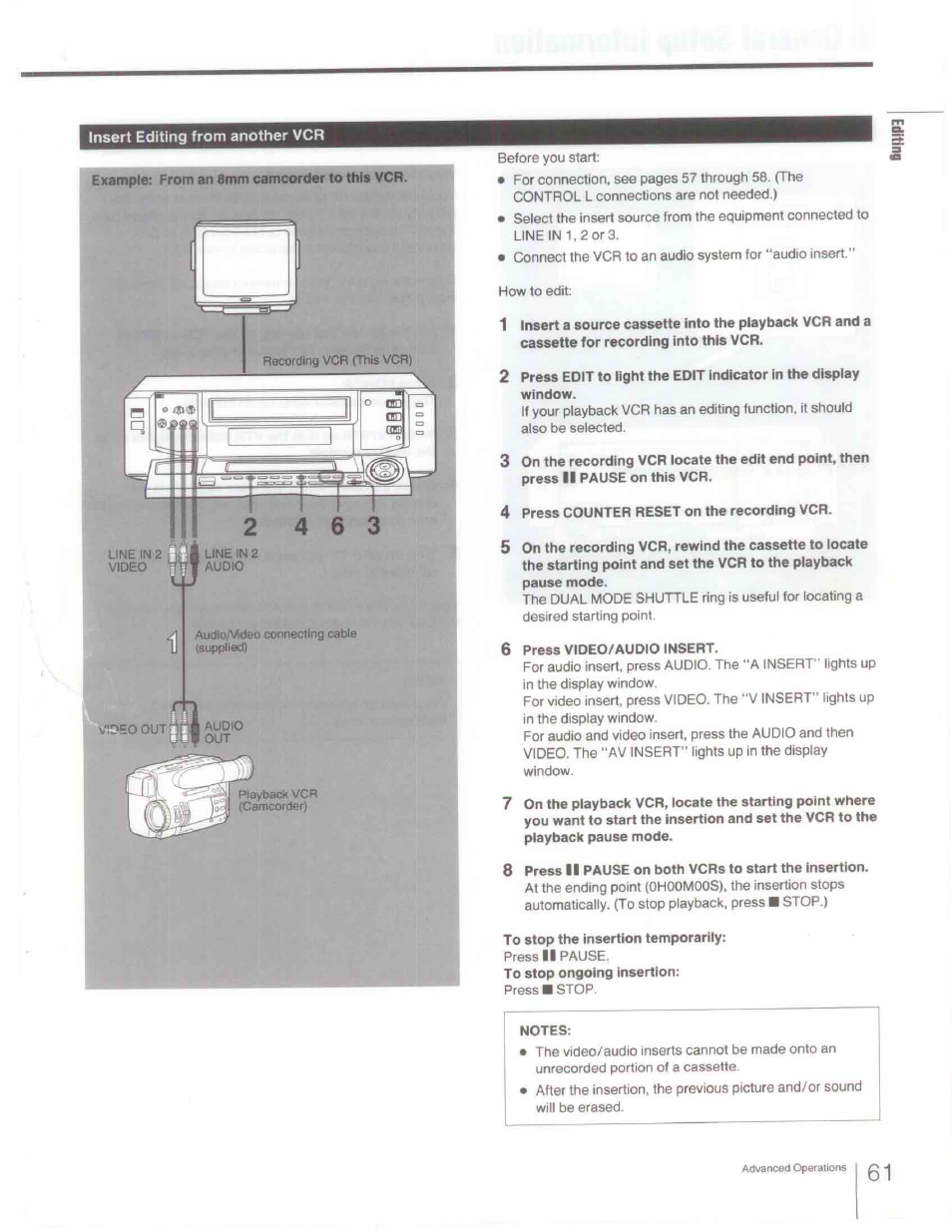 Insert editing from another vcr, 4 press counter reset on the recording vcr, 6 press video/audio insert | To stop the insertion temporarily, Notes | Sony SLV-R1000 User Manual | Page 61 / 76