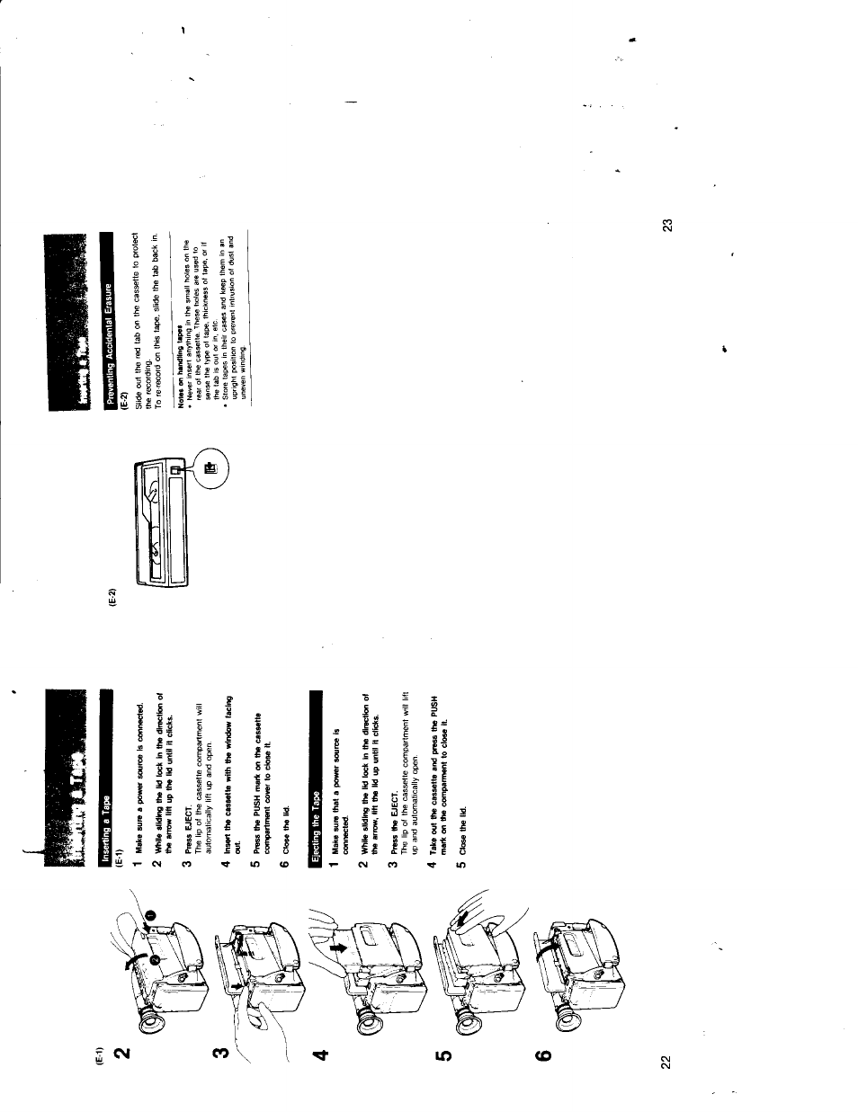 1 make sure a power source is connected, 4 insert the cassette with the window lacing, 1 make sure that a power source is connected | 3 press the eject, 5 close the lid | Sony CCD-TR7 User Manual | Page 11 / 35