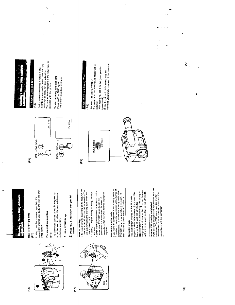 Ho<n to (it the gtip strap (f-3), For low-position recording, 1 slide standby up | 2 press rec start/stop with your left, Recording mode, To stop recording dale and lime, F-6) | Sony CCD-TR7 User Manual | Page 13 / 35