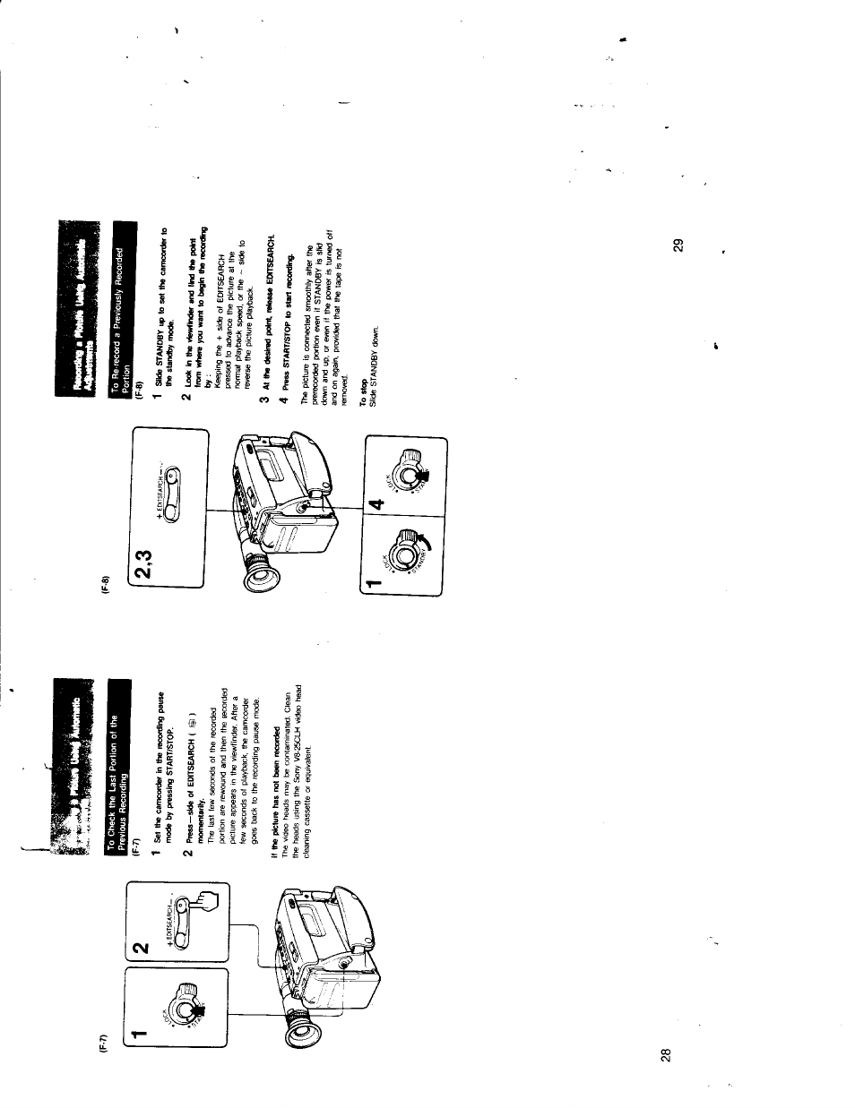 2 press—side of editsearch ( c§) ) momentarily, If the picteire has not been recorded, 3 at the desked point, release ewtsearch | 4 press start/stop to start lecordlnb, To stop | Sony CCD-TR7 User Manual | Page 14 / 35