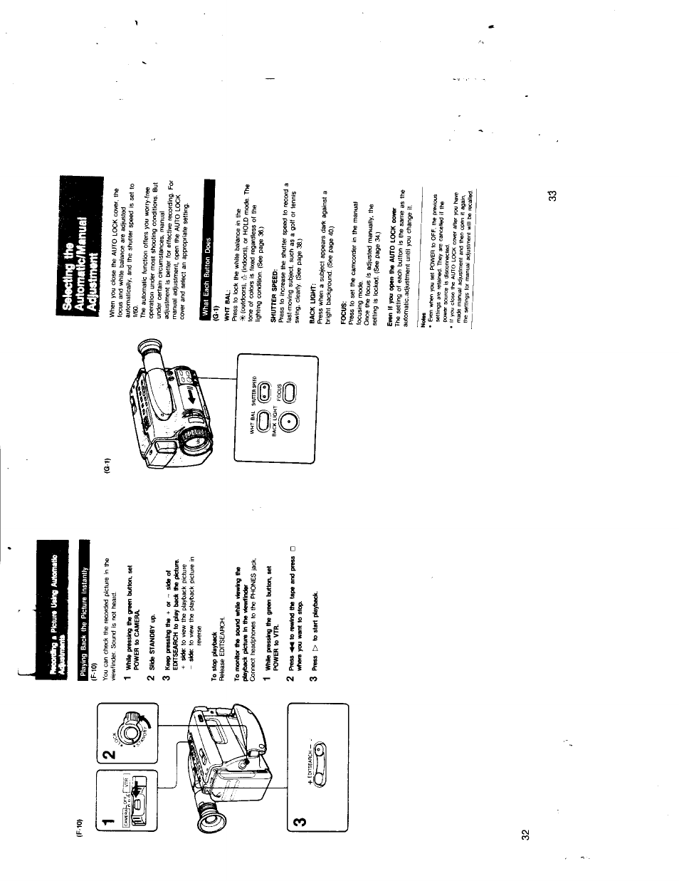 F-10), To stop playback, 3 press [> to start ptayback | Selecting the, Automatic/manuai, Adjustment, What each button does, Wht bal, Shutter speed, Back light | Sony CCD-TR7 User Manual | Page 16 / 35