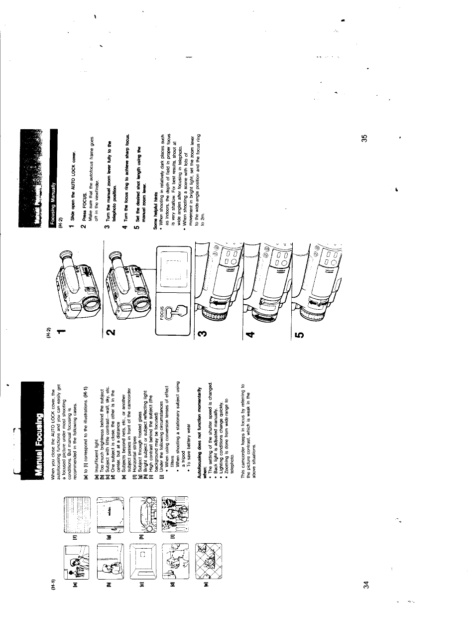 Manual focusing, Autofocusing does not function momenlarlfy when, Focusing manually | 1 slide open the auto lock cover, 2 press focus, 4 turn the focus ring to achieve sheip locus, Some helpful hints | Sony CCD-TR7 User Manual | Page 17 / 35